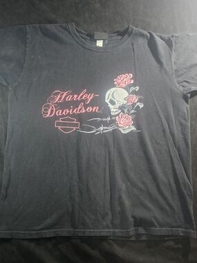 Harley-Davidson Black Tee with White Care Tag and Pink Print